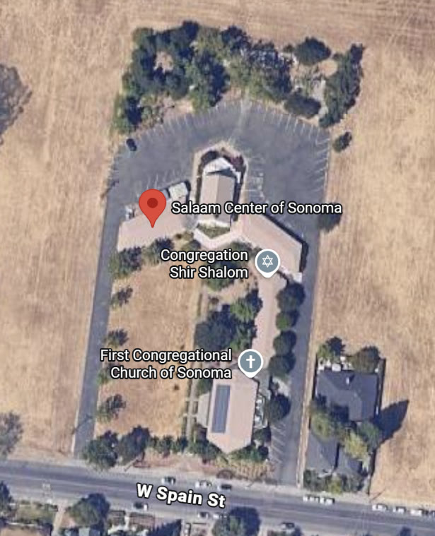 Aerial view of the Salaam Center of Sonoma on W Spain St, beside Congregation Shir Shalom and First Congregational Church of Sonoma